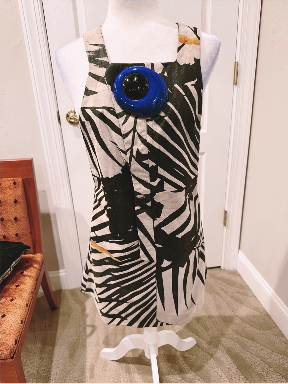 NWT Osklen Black & Tan Tropical Print Leather Sleeveless Dress